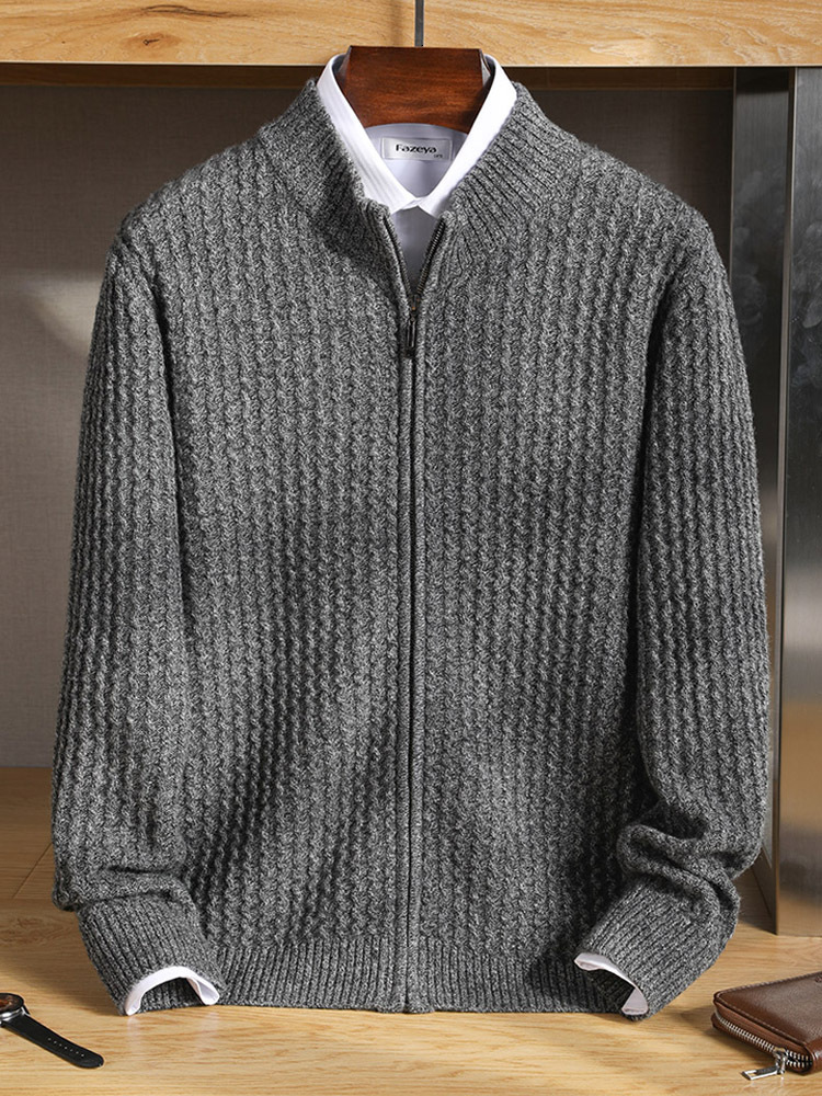 Men's 100% Wool Cardigan - Stand Collar Zipper Jacket, Jacquard Knit, Business Casual, Thick Sweater Coat