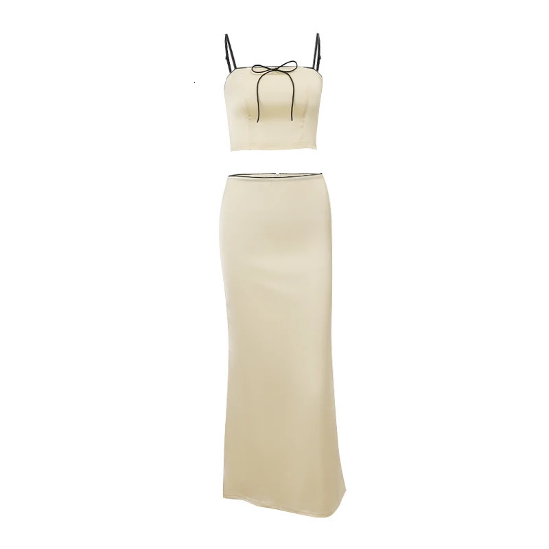WhereMery Temperament Short Set Womens Two Piece Bow Yellow Slim Fit and Beautiful Suspended Tank Top Long Skirt 240423