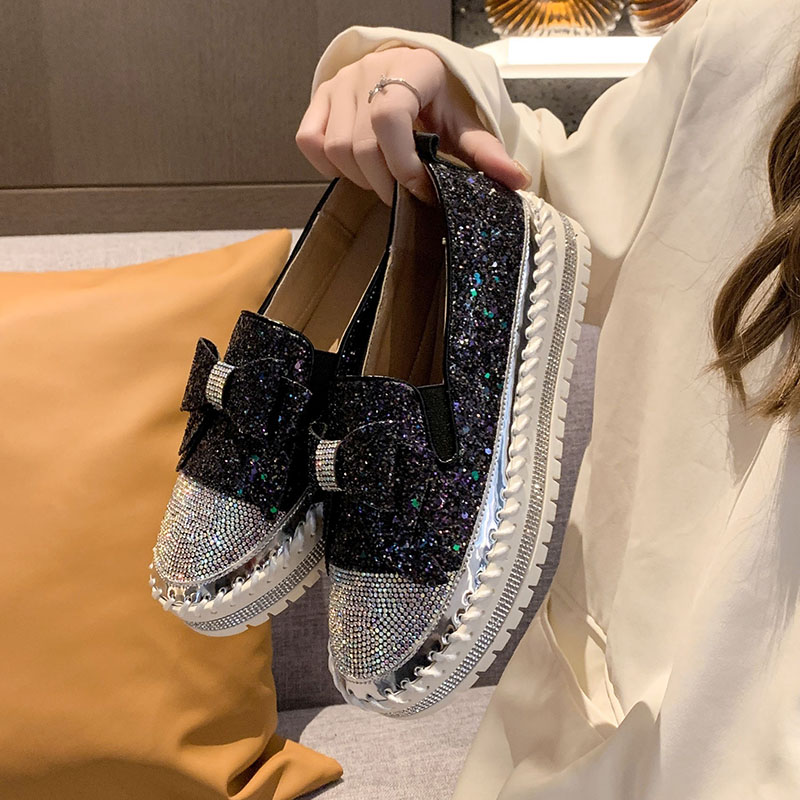 Luxury Designer Shoes Ladies Flat Sequined Sneakers Casual Women's Mesh bow Fine Diamond Sequins Platform Vulcanized Shoes High quality flat shoe
