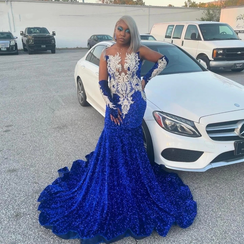 Sparkly Royal Blue Sequins Prom Dresses For Black Girls With Sier Crystals Rhies Beaded Birthday Party Gala Gowns 0219