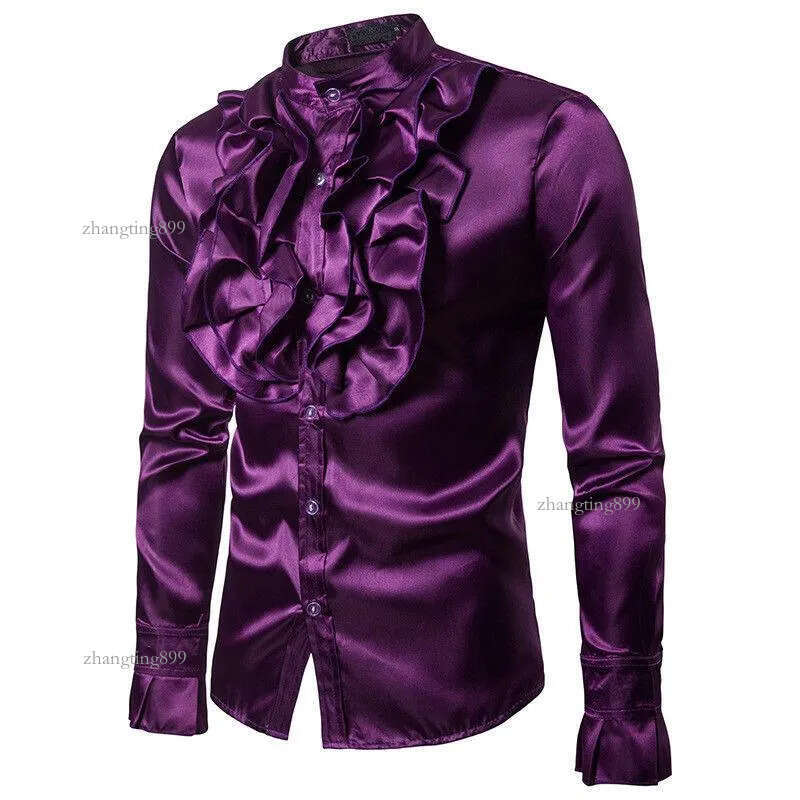 Men's Dress Shirts Autumn Arrival Mens Slim Frill Ruffle Stand Collar Fancy Clothing Wedding Party Stylish Formal Shirt Tops S-2XL - view 6
