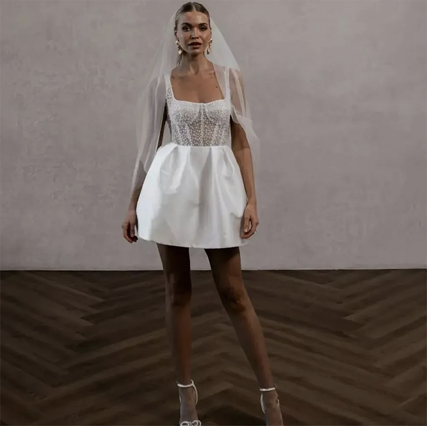 Vintage Short A Line Wedding Dress 2024 Spaghetti Straps Pearls Top Backless Satin Bridal Bride Party Gown Vestidos Noiva Robe De Mariage 0509