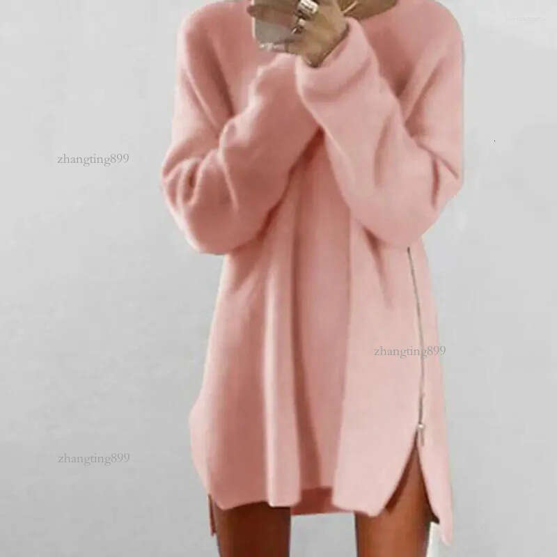 Women's Sweaters Side Zipper Women Dress Autumn Solid Color Long Sleeve Slit Loose Sweater Casual Elegant Mini Robe