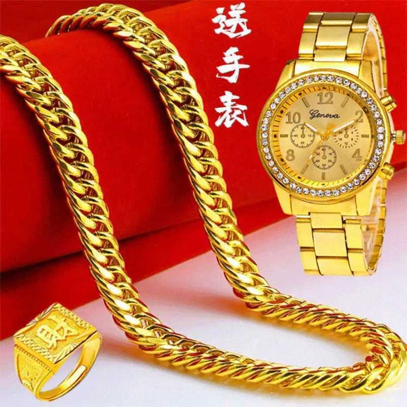 Gift plated with% real gold 24k 999 necklace mens aggressive 999 large 999 chain thick new style pure 18K gold jewelry X241123