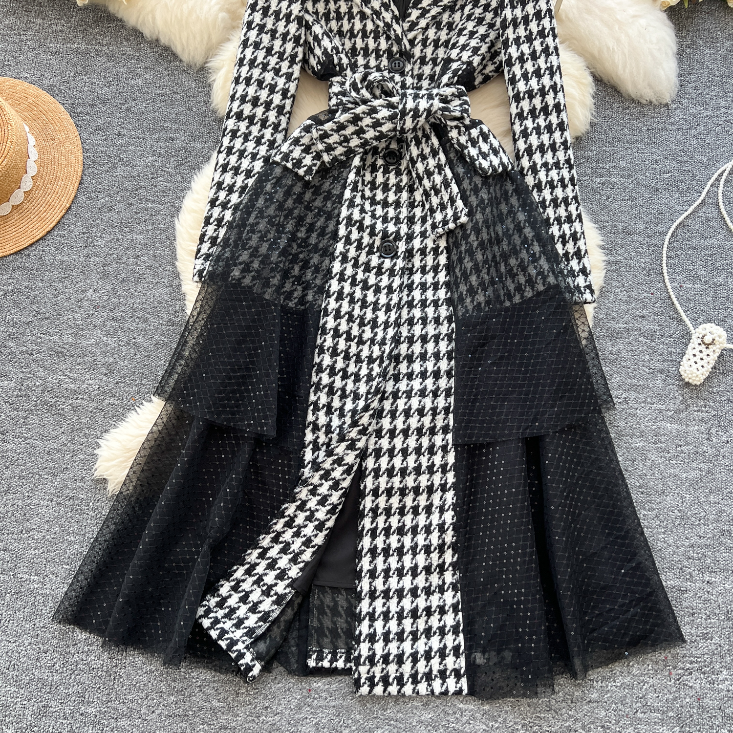 Outerwear Fashion Designer Sequins Mesh Spliced Overcoat Autumn Winter Women's Single Breasted Houndstooth Belt Tweed Wool Long Coat