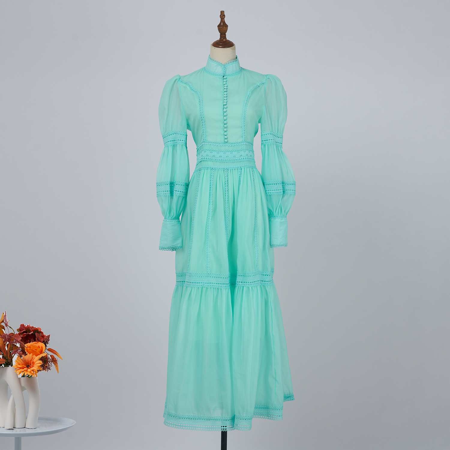 Basic Casual Dresses Autumn Holiday Flower Embroidery Lace Spliced Long Dresses Womens Stand Lantern Sleeve Hollow Out Mesh Evening Party Vestidos