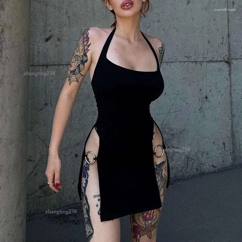 Casual Dresses Goth Dark Backless Mall Gothic Split Sexy Mini Y2k Punk Hollow Out Side Halter Dress Women Grunge O-ring Night Partywear