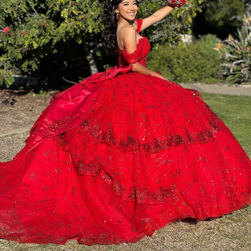 Quinceanera Red Dresses Princess Sequin Applique Lace Beads Bow Tull Ball Gown Birthday Party Lace Up Sweet Dress Vestidos De Anos D