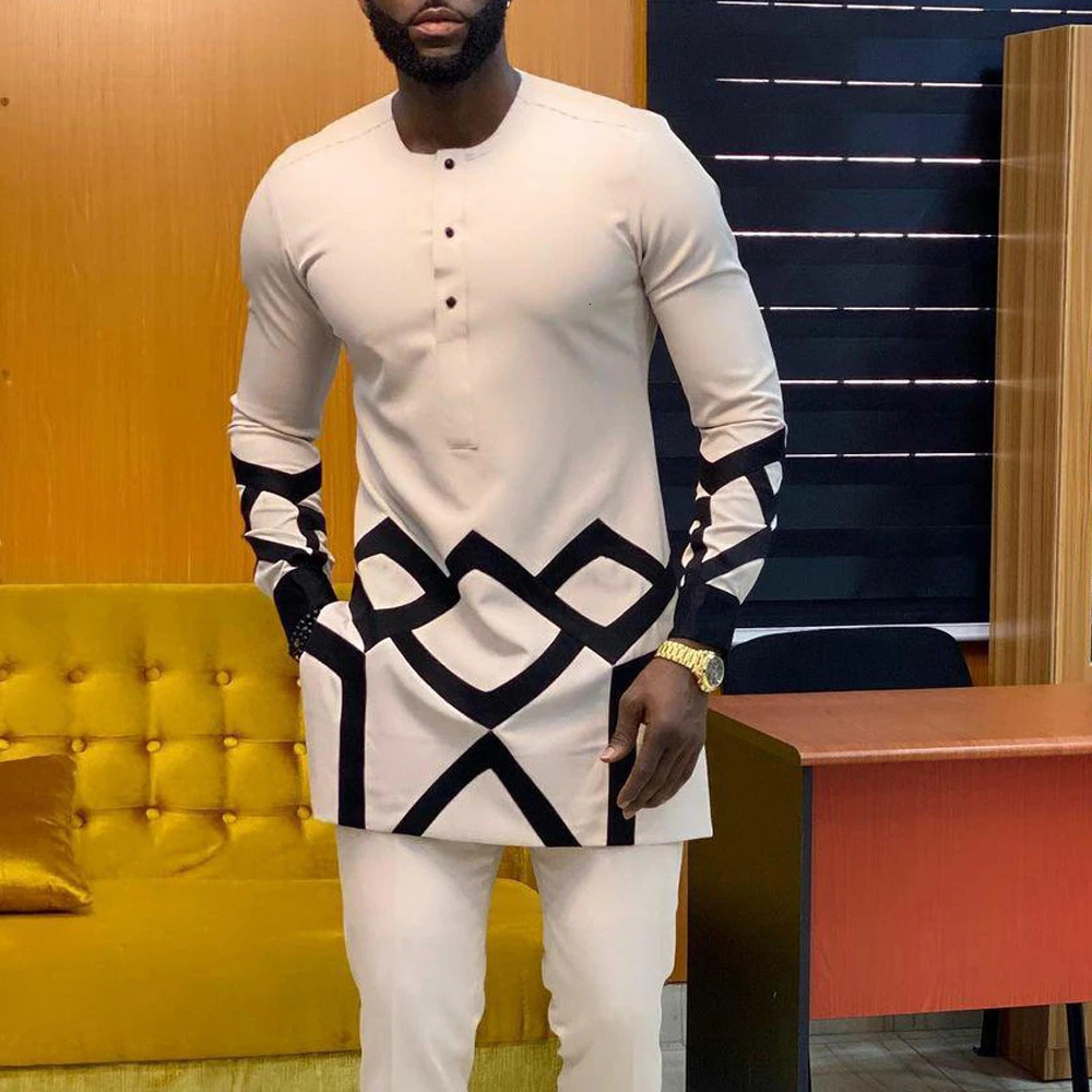 African Traditional Men Suit Printed Shirt Top Elastic Waist Pants White Wedding 2 Piece Set Outfits Ethnic Style Costumes 240409