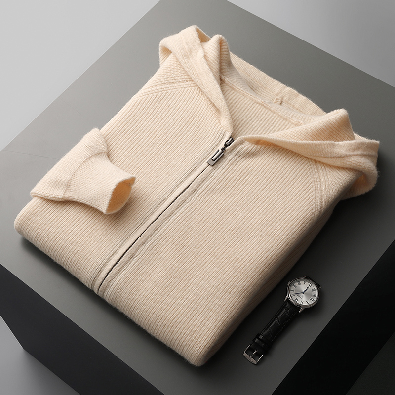 Autumn And Winter New Men's 100% Merino Wool Hooded Zipper Cardigan Knitted Coat Thick Sweater Casual Plus Size Warm Shirt