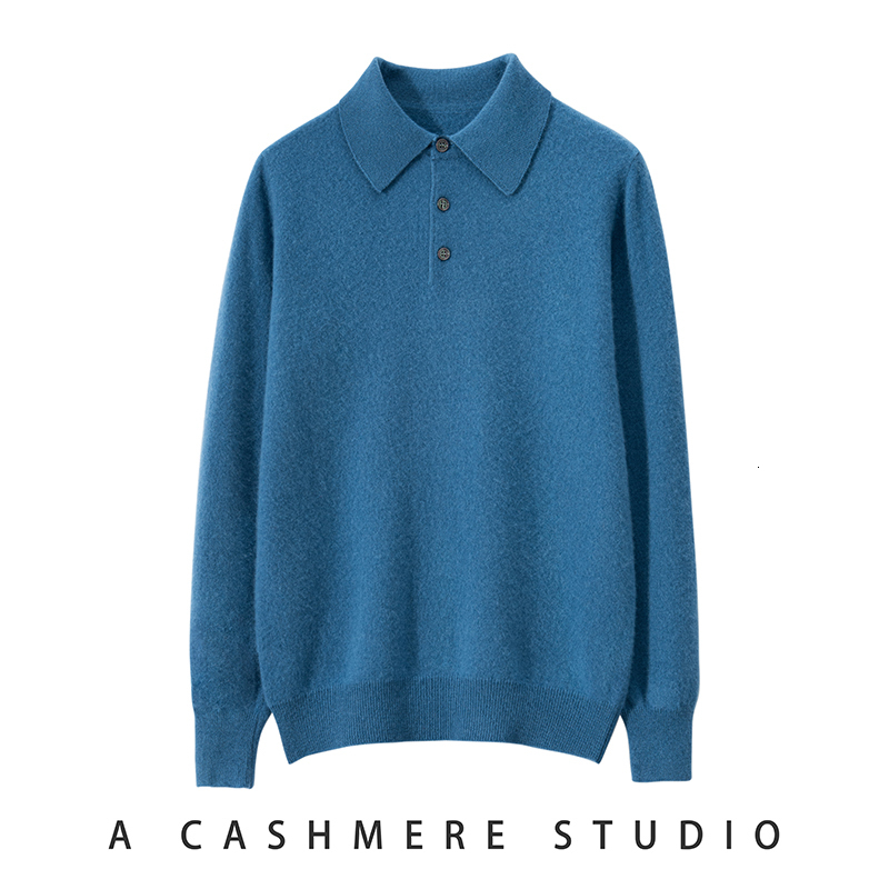 Polo Shirt Men Sweater 100% Goat Cashmere Knit Jumper Soft Warm Hot Sale Full Sleeve Pullover Solid Color Male Clothes Wl01