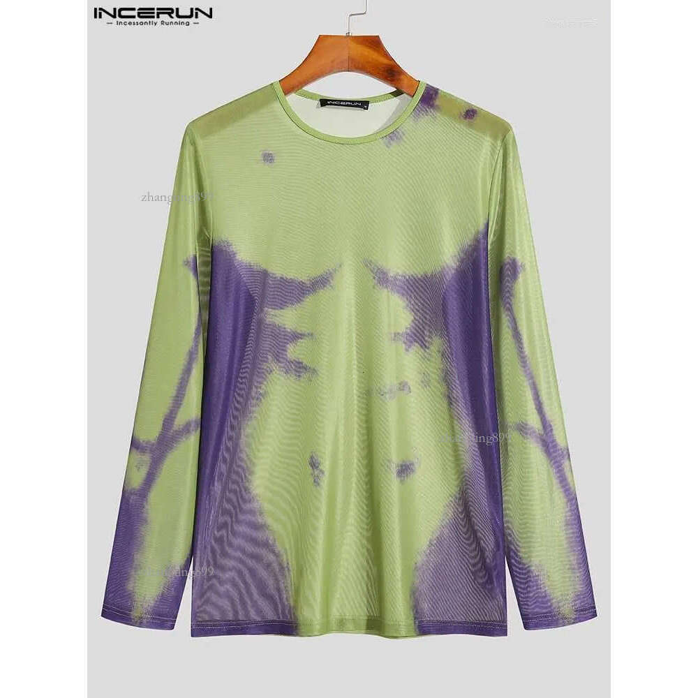 Men's T Shirts 2022 Fashion Men Shirt Printing O-neck Long Sleeve Mesh Transparent Streetwear Casual Camisetas Sexy Undershirt