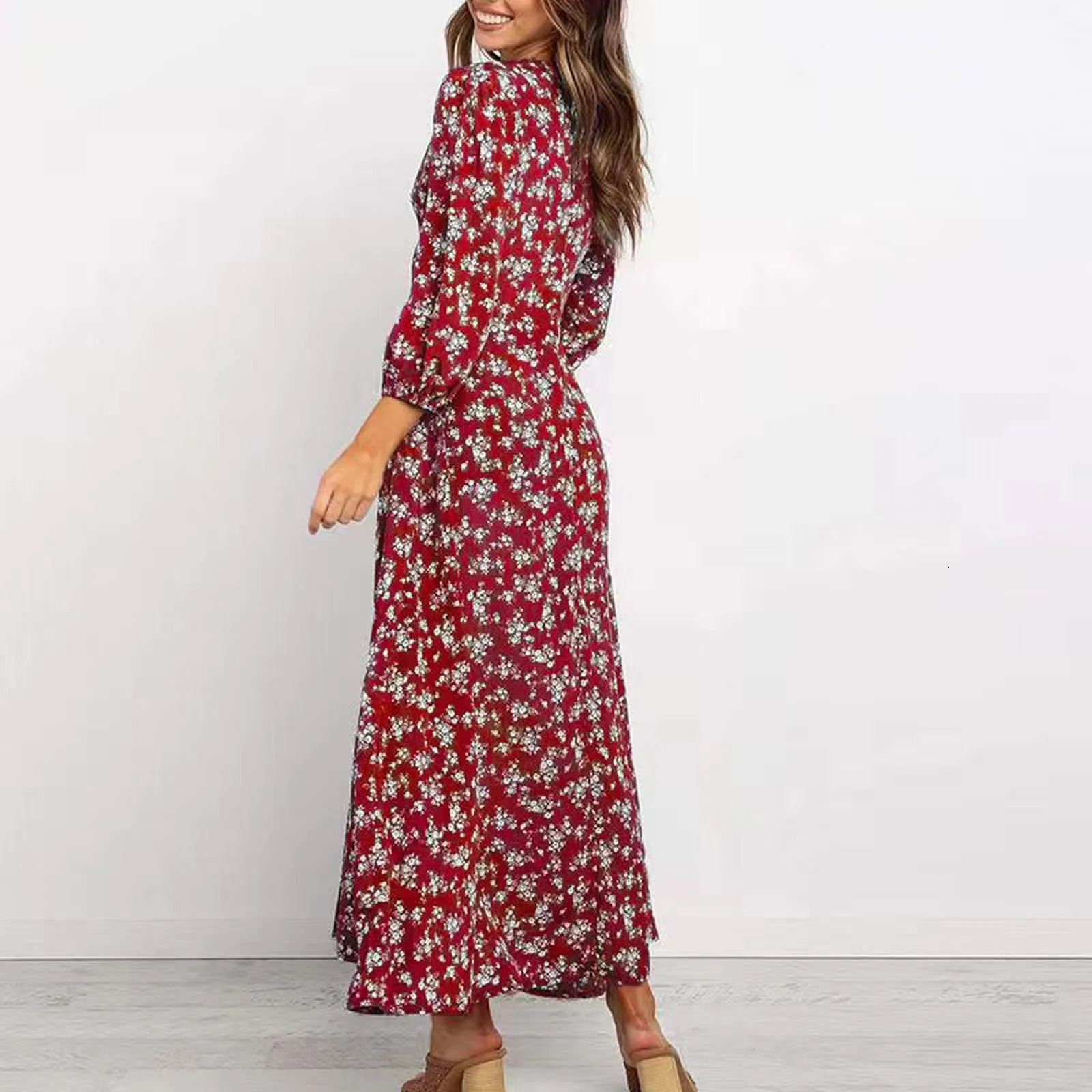 Womens Long Sleeve Bohemian Floral Maxi Dresses Loose Casual High Waist Boho Printed Dress Beach elegant womens dres 240419