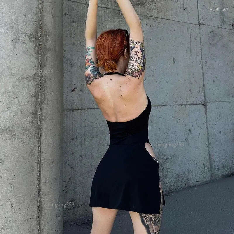 Casual Dresses Goth Dark Backless Mall Gothic Split Sexy Mini Y2k Punk Hollow Out Side Halter Dress Women Grunge O-ring Night Partywear