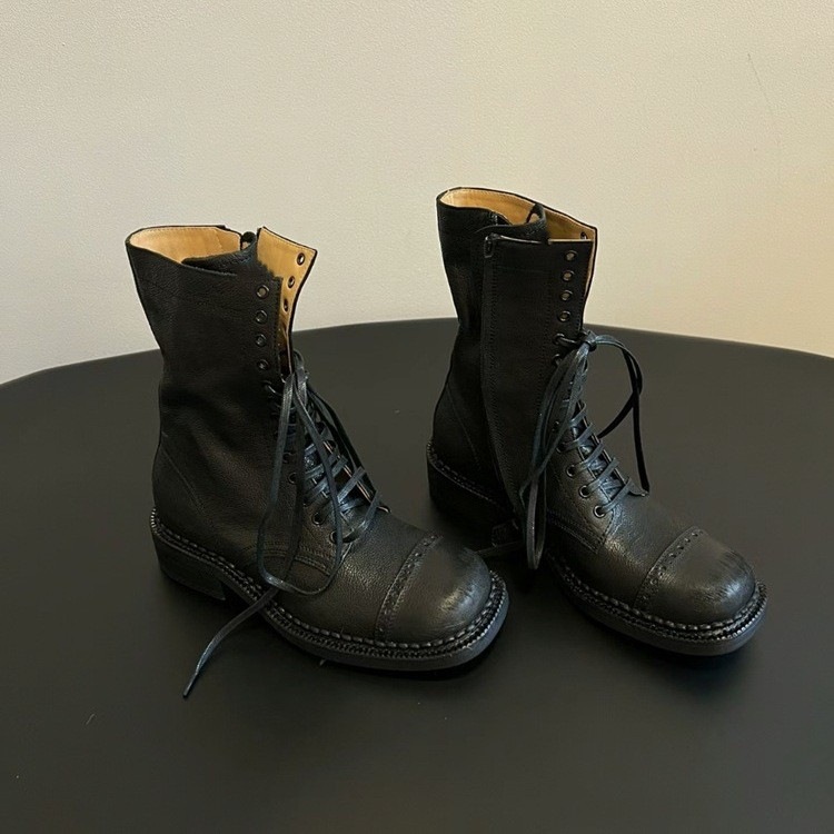 Women's Ankle Lace-up Girl Cowboy Motorcycle Trend New Rock Punk Fashion Low Heel Designer Shoes Round Toe Leather Boots 675f