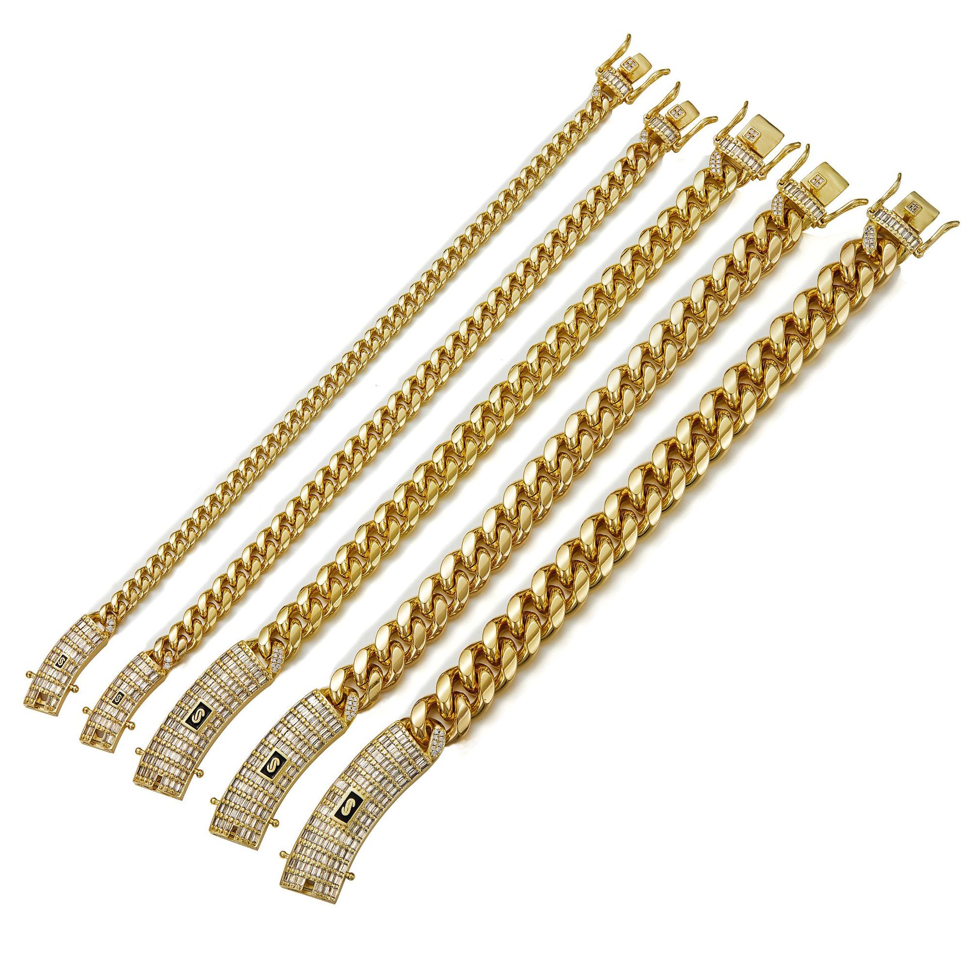 6-14mm Solid Stainless Steel Miami Cuban Chain Necklace Bracelets T Zircon Long Clasp 14K Gold Plated Jewelry