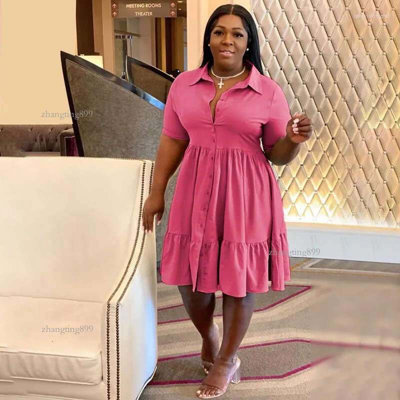 Plus Size Dresses CM. Women Short Sleeve Single Breasted Ruffles Hem Big Swing Smock Shirt Dress 2023 Summer Elegant Orange