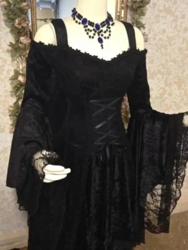 Gothic Black Lace Wedding Dresses Flare Long Sleeves Off Shoulder Corset Vintage Medieval Renaissance Victorian Bridal Gowns Fantasy Women Dress