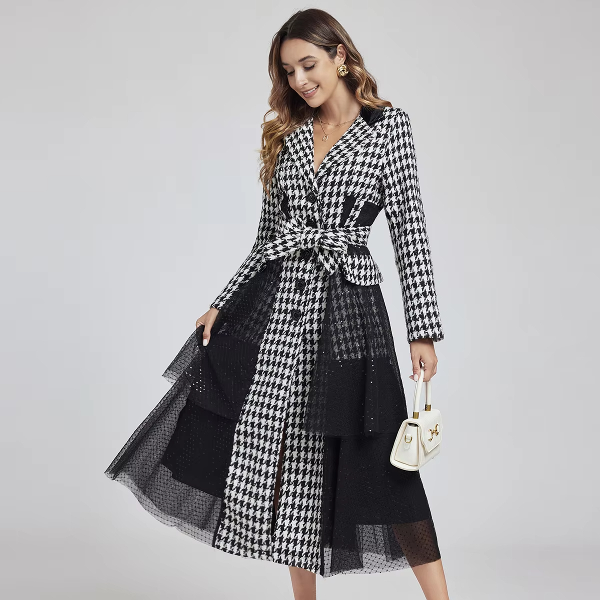 Outerwear Fashion Designer Sequins Mesh Spliced Overcoat Autumn Winter Women's Single Breasted Houndstooth Belt Tweed Wool Long Coat