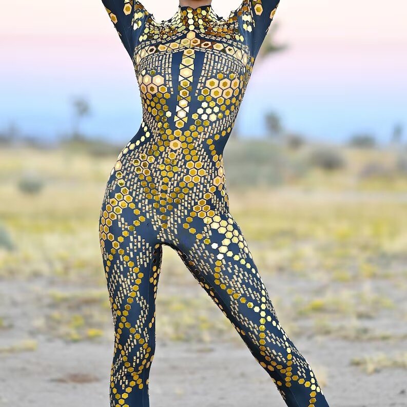 Stage Wear Women's Long Sleeve High Neck Backless Jumpsuit with Gifted Head Cover For Party Water Diamond Sequin Jumpsuit cosplay
