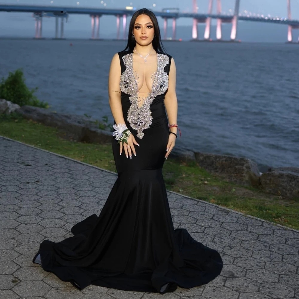 Sexy Satin Mermaid Prom Dress For Black Girls 2024 Sier Crystal Beaded Formal Party Gala Gown Robe De Soire 0431
