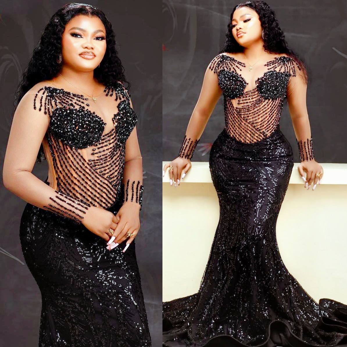Black Illusion Mermaid Prom Dresses 2024 Beaded Rhinestones Full Sleeves Evening Formal Party Second Birthday Engagement Gowns Dress Plus Size