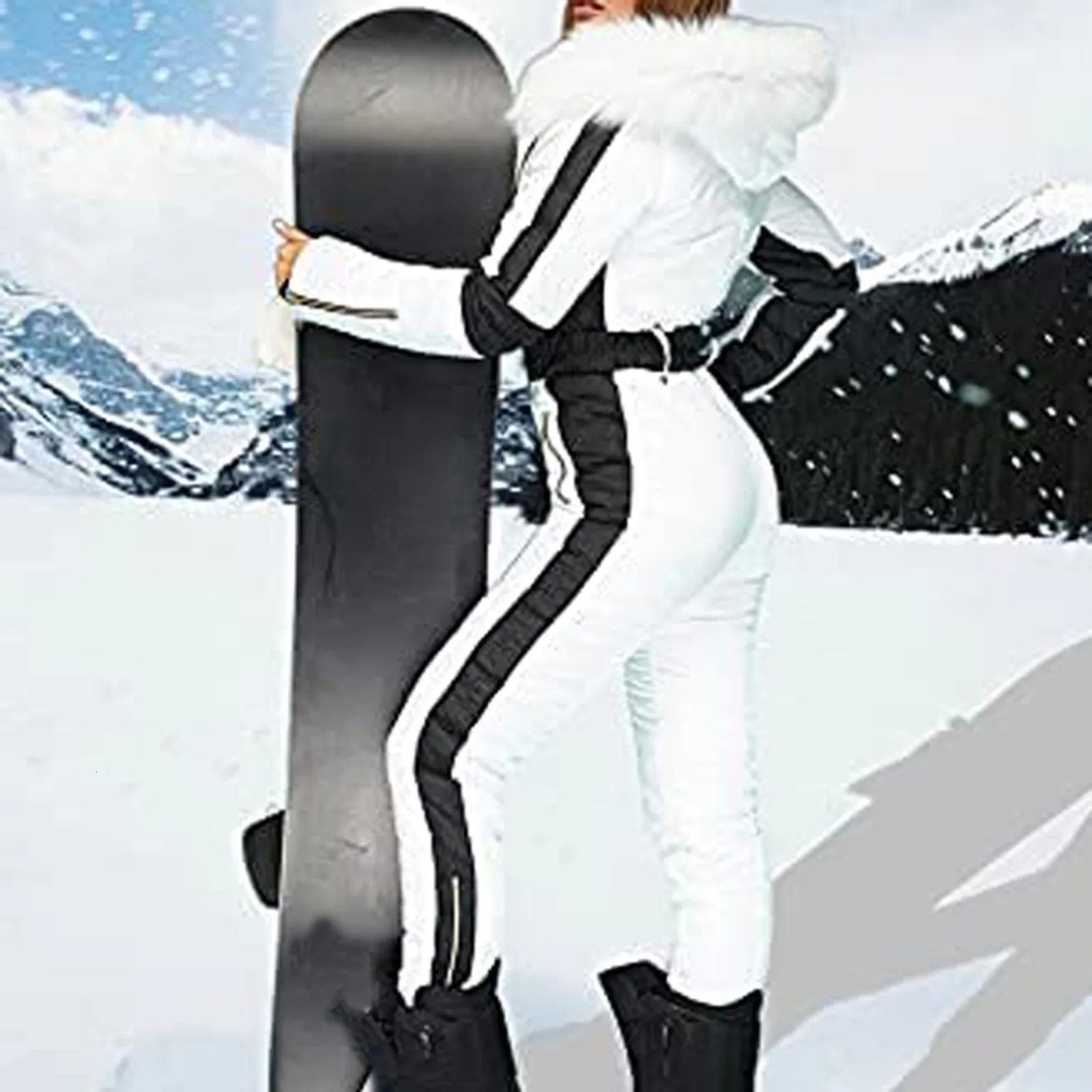 Fashion Winter Womens Hooded Jumpsuits Parka Cotton Padded Warm Sashes Ski Suit Straight Zipper One Piece Casual Tracksuits 241121