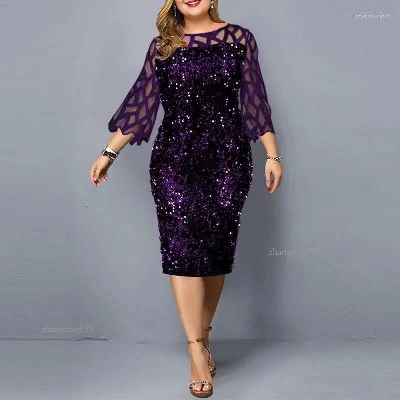 Casual Dresses Elegant Sequin Long Sleeve Plus Size Women Midi Dress Sexy Evening Party Wedding Luxury Robe Rouge Vestido