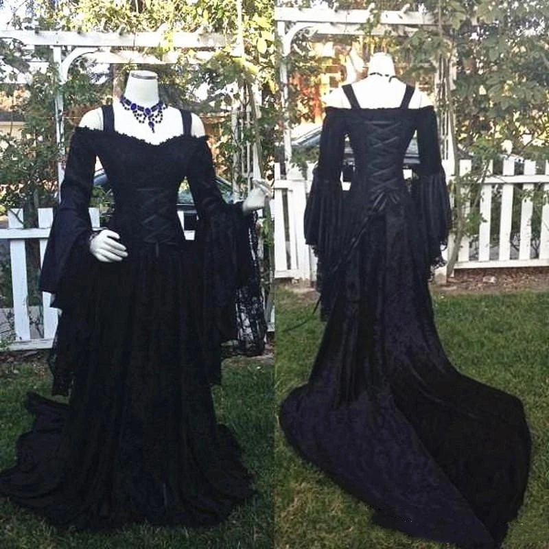Gothic Black Lace Wedding Dresses Flare Long Sleeves Off Shoulder Corset Vintage Medieval Renaissance Victorian Bridal Gowns Fantasy Women Dress