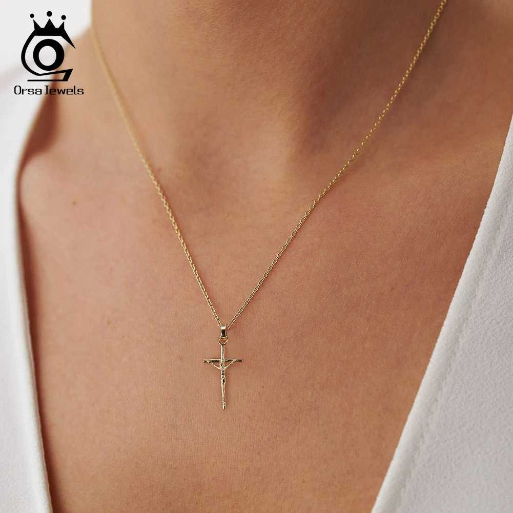 ORSA JEWELS 14K Gold Retro Jesus Cross Pendant Necklace 925 Pure Silver 45cm Cross Necklace Womens Gift SAPN39 X241123