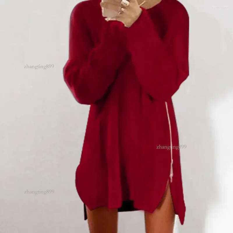 Women's Sweaters Side Zipper Women Dress Autumn Solid Color Long Sleeve Slit Loose Sweater Casual Elegant Mini Robe