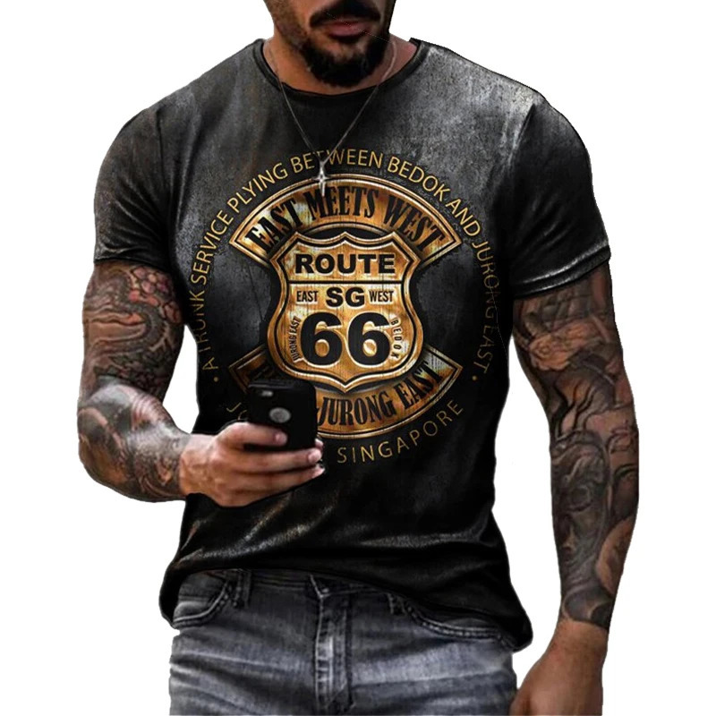 Summer Mens T Shirts Oversized Loose Clothes Vintage Short Sleeve Fashion America Route 66 Letters Printed O Collared shirts 240419
