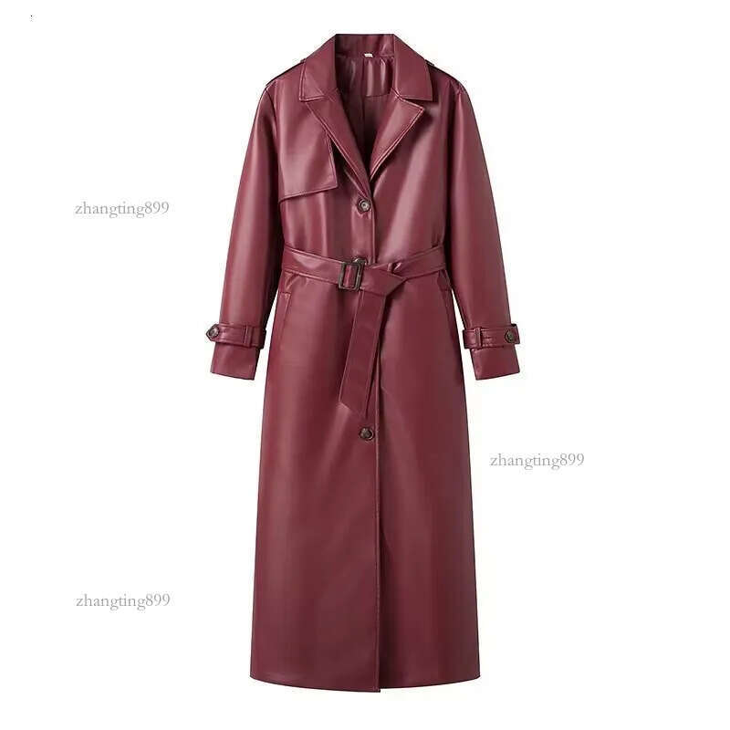 Women's Trench Coats 2024 Chic Burgundy Lace Up Oversized Leather Long Elegant Double Breasted Luxury Solid Jackets Lady Outerwear