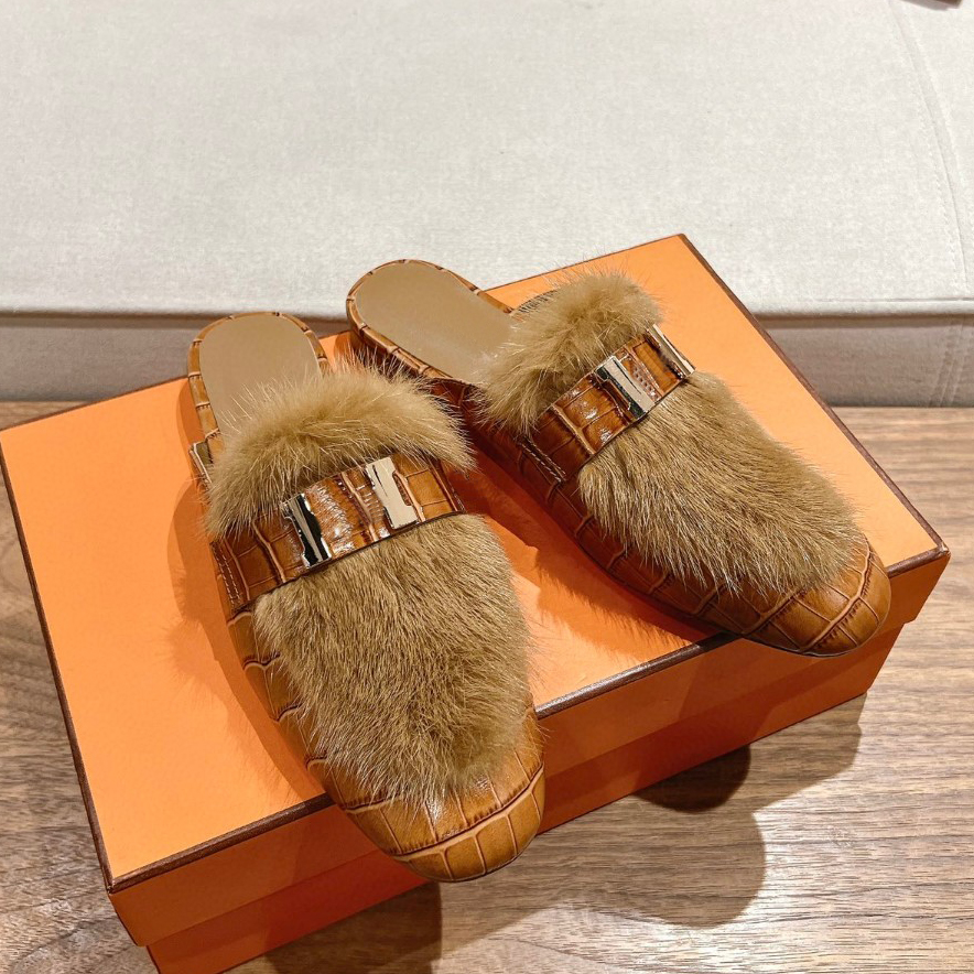 Autumn and Winter New Deerskin Lazy Slippers Genuine Leather Mink Design Women Loafers Luxury Designer Metal Buckle Decorative Women Flat Slippers Factory Shoes