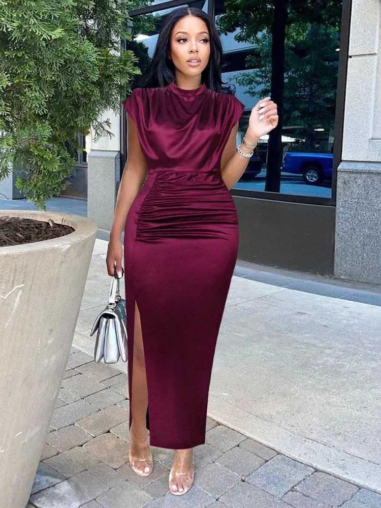 Womens pleated long wine Ele Slit high neck slim fit sleeveless long skirt Fem shiny dress party spring M241123