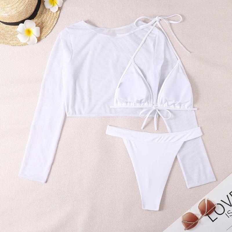 Womens Swimwear 3 Pieces Bikini Sets Long Sleeve Top 2024 Women Swimsuit Thong Female White Bathing Swimming Swim Suit Beachwear Neon