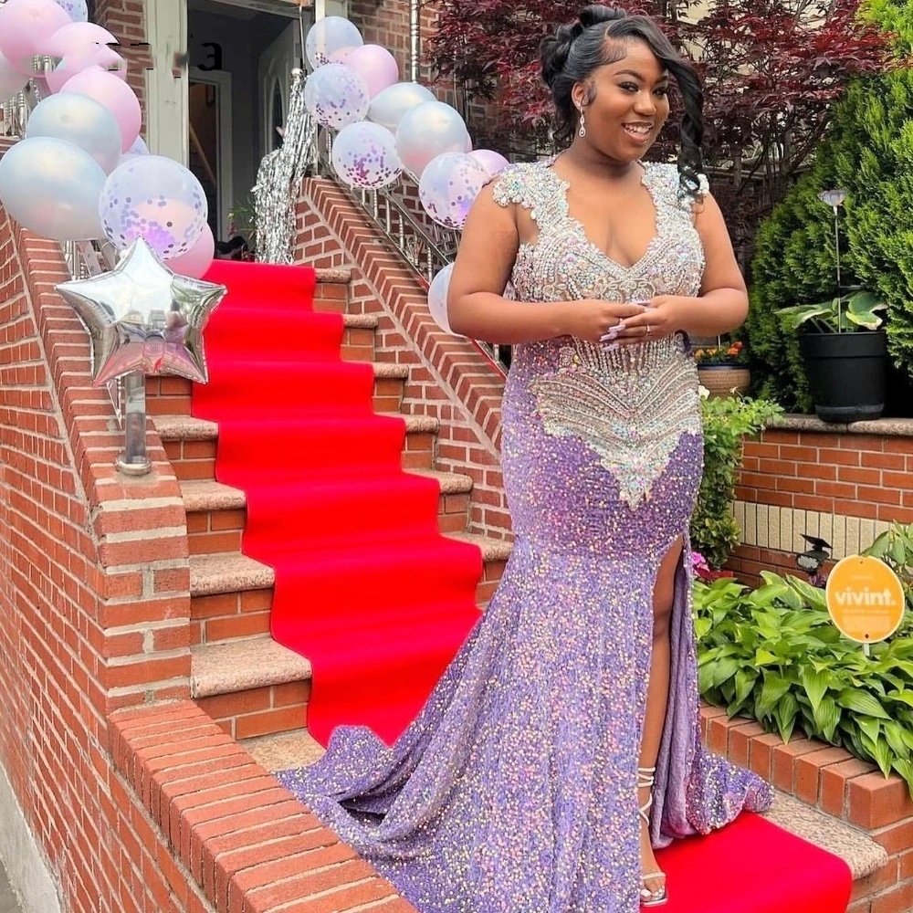 Glitter Purple Sequins Prom Dress For Black Girls High Slit Sier Crystal Beaded Party Gown Robe De Soiree