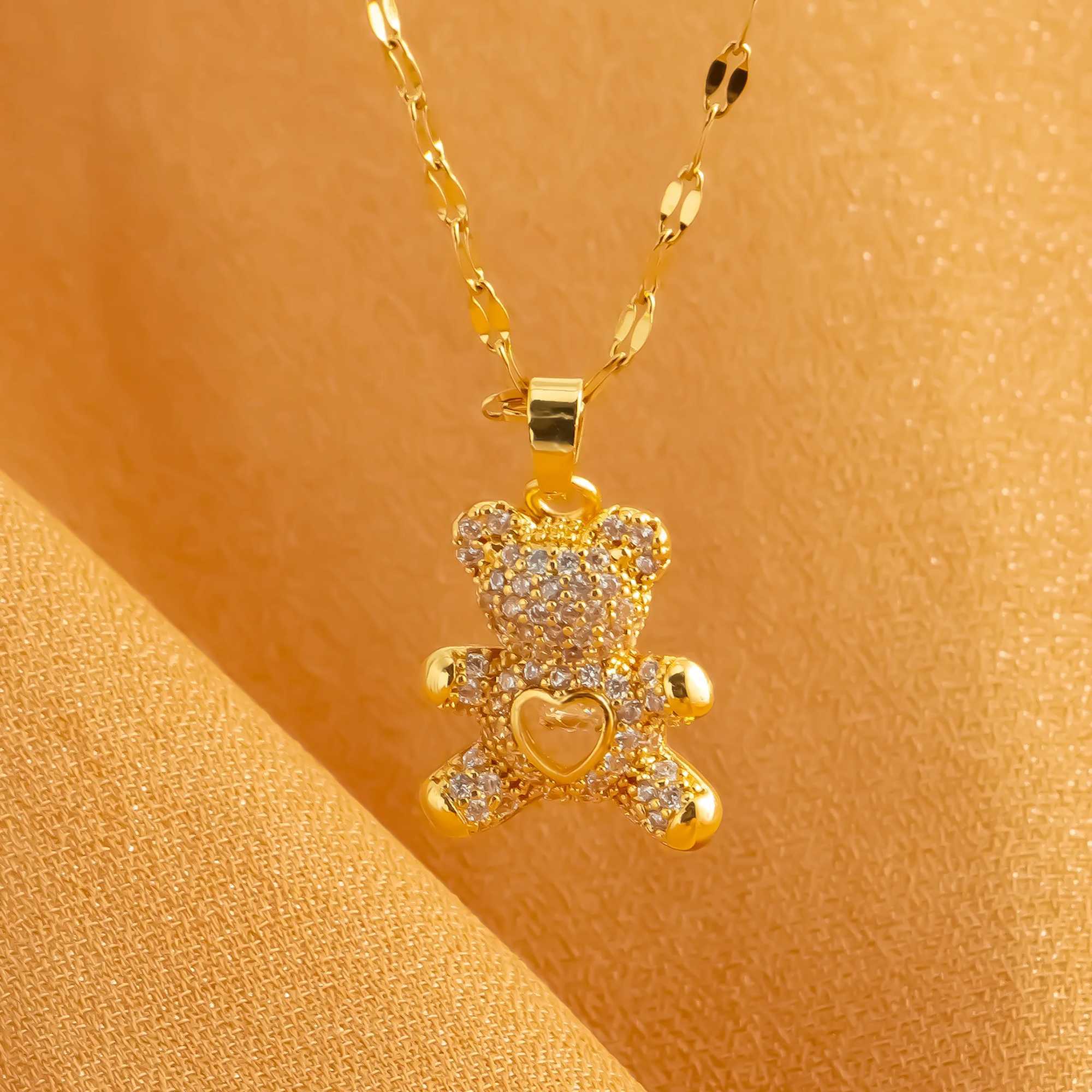 Little Bear Inlaid Zircon Womens Party Stainl Steel Plated 18K Gold Hypoallergenic Jewelry Pendant NecklaceX241123