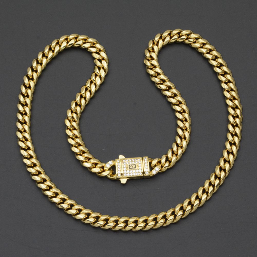 6-14mm Stainless Steel Miami Cuban Chain Zircon Copper Clasp 14K Gold Plated