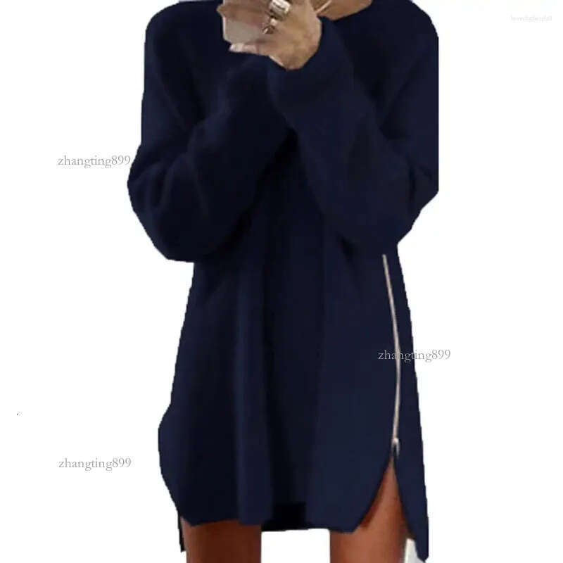 Women's Sweaters Side Zipper Women Dress Autumn Solid Color Long Sleeve Slit Loose Sweater Casual Elegant Mini Robe