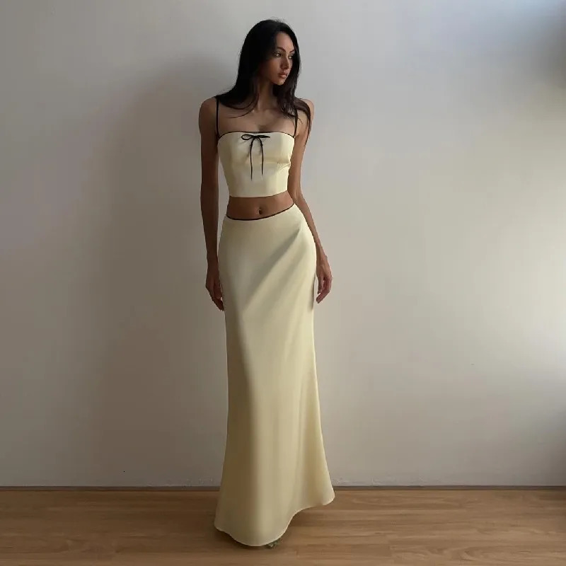 WhereMery Temperament Short Set Womens Two Piece Bow Yellow Slim Fit and Beautiful Suspended Tank Top Long Skirt 240423