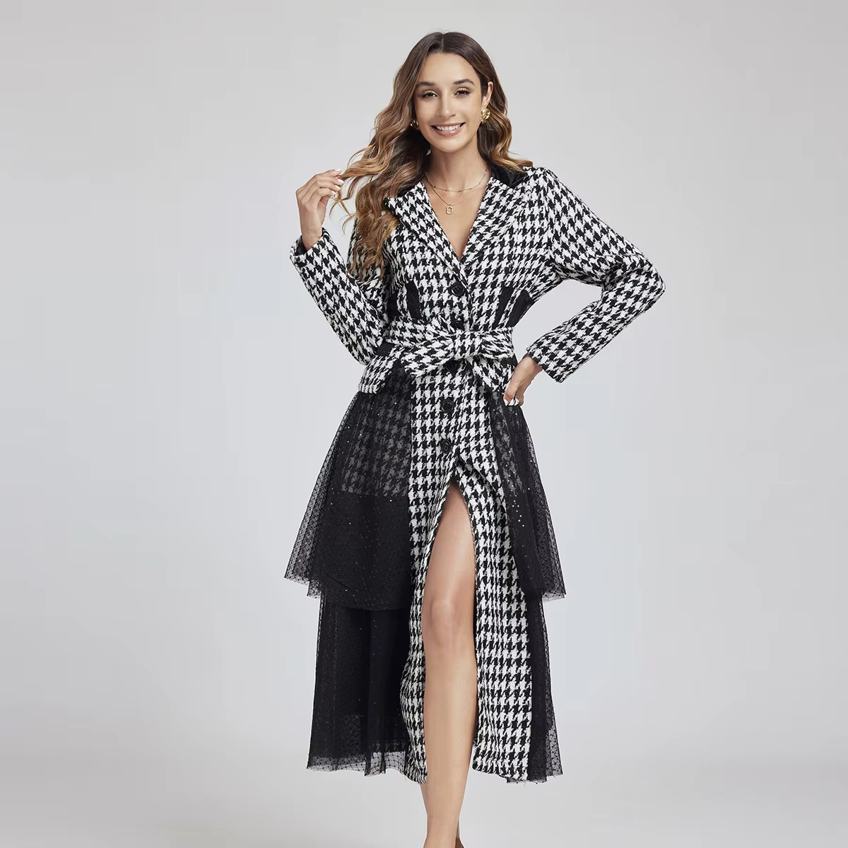 Outerwear Fashion Designer Sequins Mesh Spliced Overcoat Autumn Winter Women's Single Breasted Houndstooth Belt Tweed Wool Long Coat