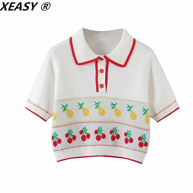 XEASY Women Suit Summer Fashion Knitting Cherry Short Sleeve Top Vintage Female High Waist Split Fork Skirt 2Piece Set 240423