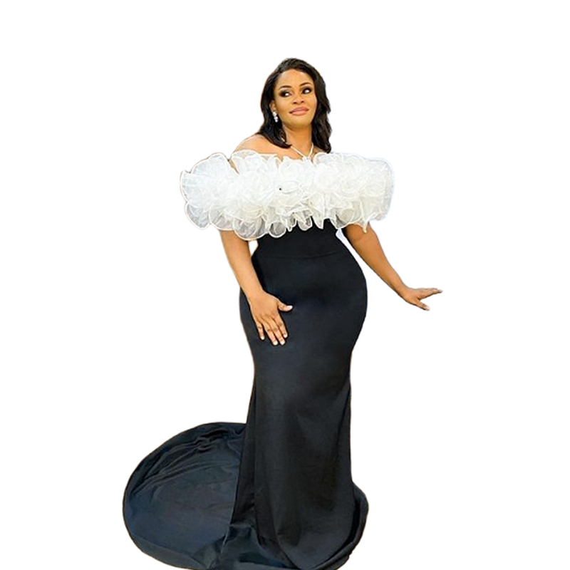 Ruffles Mermaid Evening Dresses Beteau Neck Long Black And White Prom Dress Off Shoulder Court Train Special Occasion Gown For Women 2025