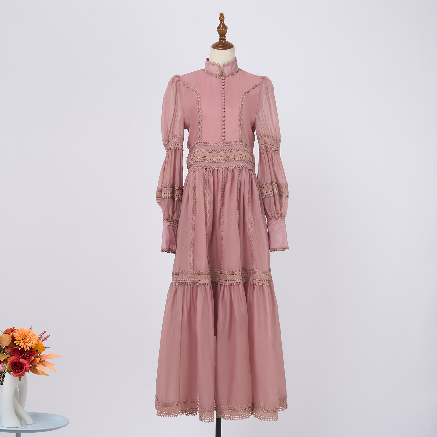 Basic Casual Dresses Autumn Holiday Flower Embroidery Lace Spliced Long Dresses Womens Stand Lantern Sleeve Hollow Out Mesh Evening Party Vestidos