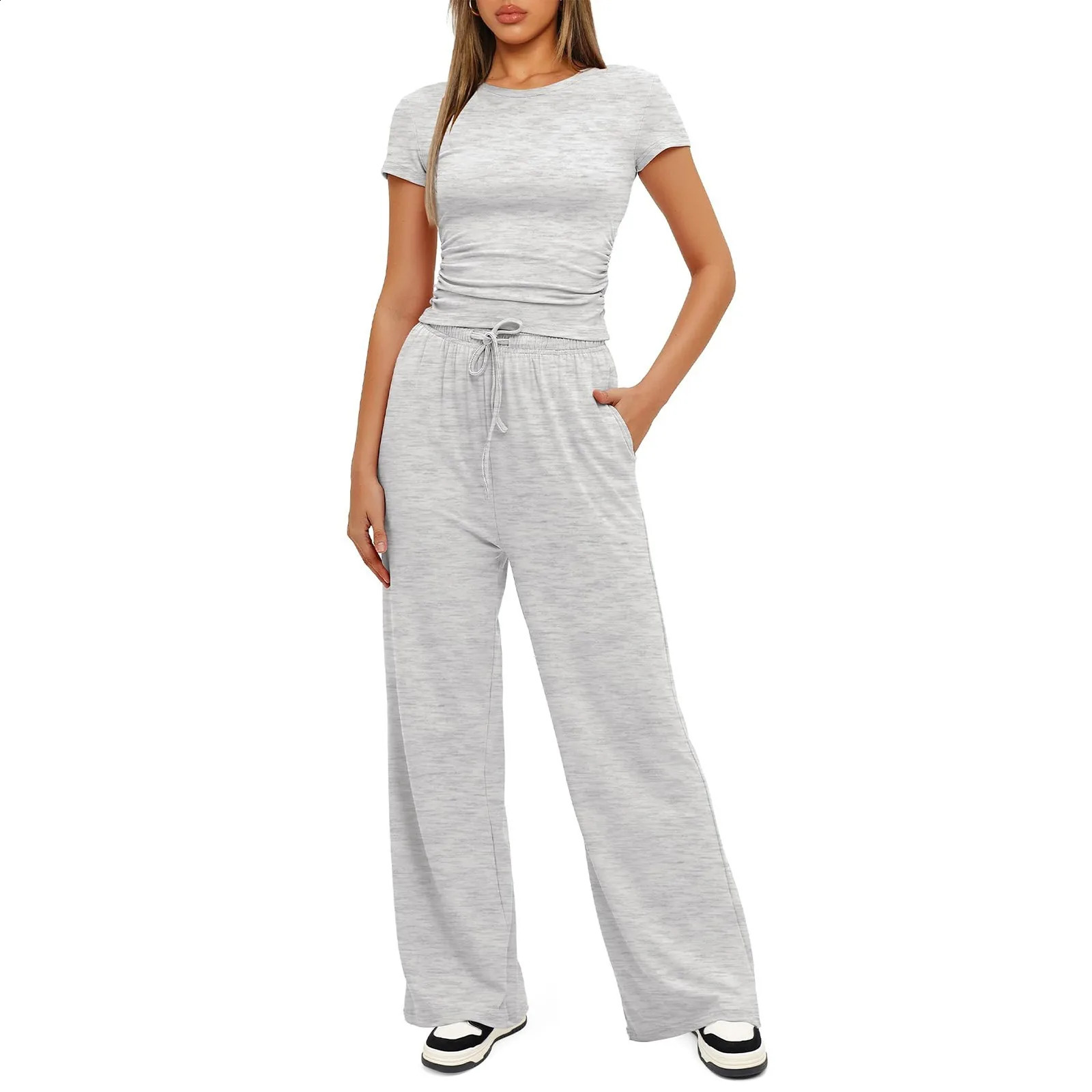 Womens 2 Piece Outfits Lounge Sets Ruched Short Sleeve Tops and High Waisted Wide Leg Pants Tracksuit 240418