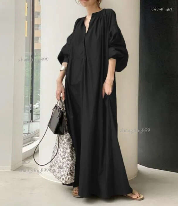 Casual Dresses For Women 2023 Summer Style Commuter Clear Cotton Linen Loose Lantern Sleeves Large Swing Dress Simple