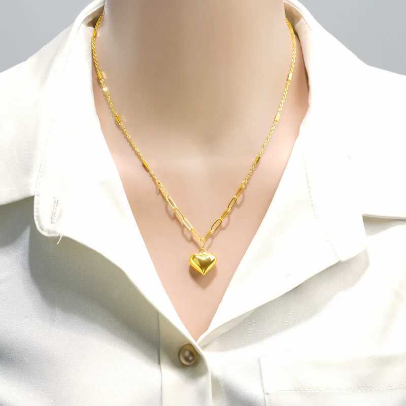 24K gold-plated r necklace simple polished heart-shaped hanging chain OL commuting jewelry 999 pure gold bracelet X241123