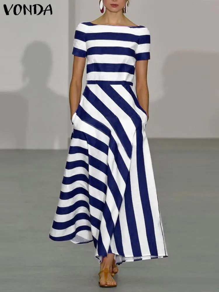 VONDA 2024 Women Sexy Off Shoulder Elegant Stripe Printed Maxi Dress Casual Loose Long Sundress Short Sleeve Bohemian Vestidos 240418