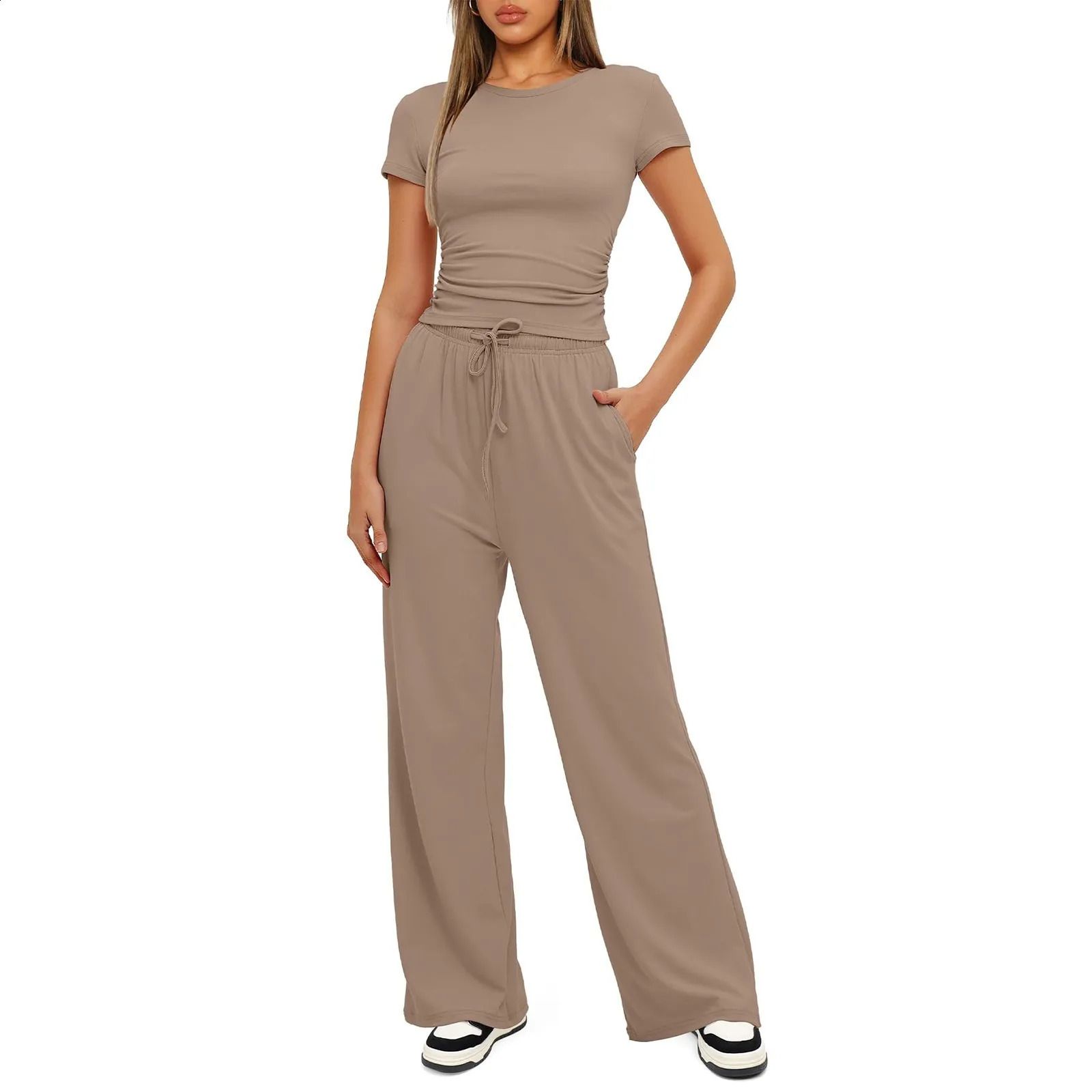 Womens 2 Piece Outfits Lounge Sets Ruched Short Sleeve Tops and High Waisted Wide Leg Pants Tracksuit 240418